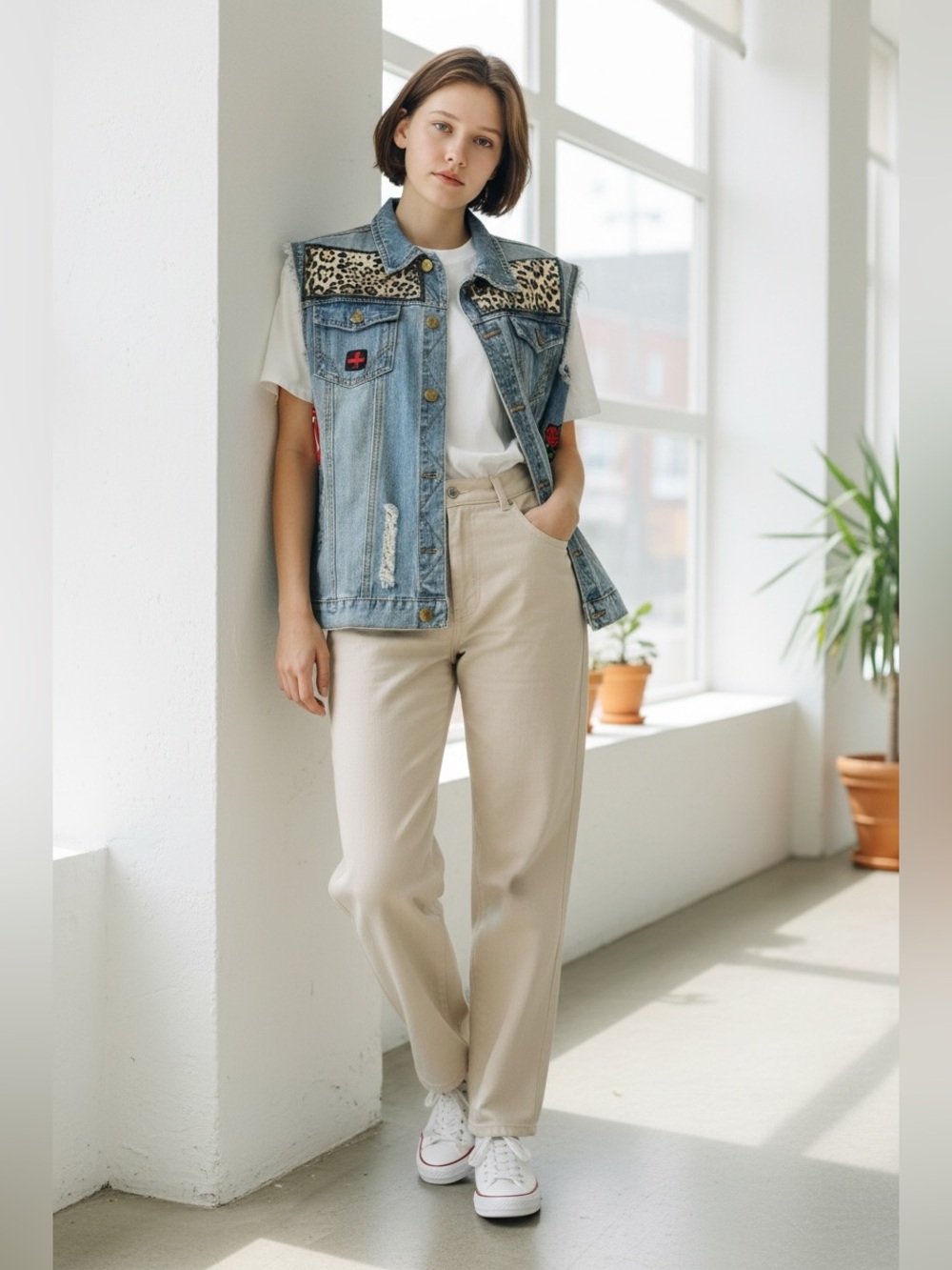 Vintage Light Blue Distressed Denim Vest with Patches